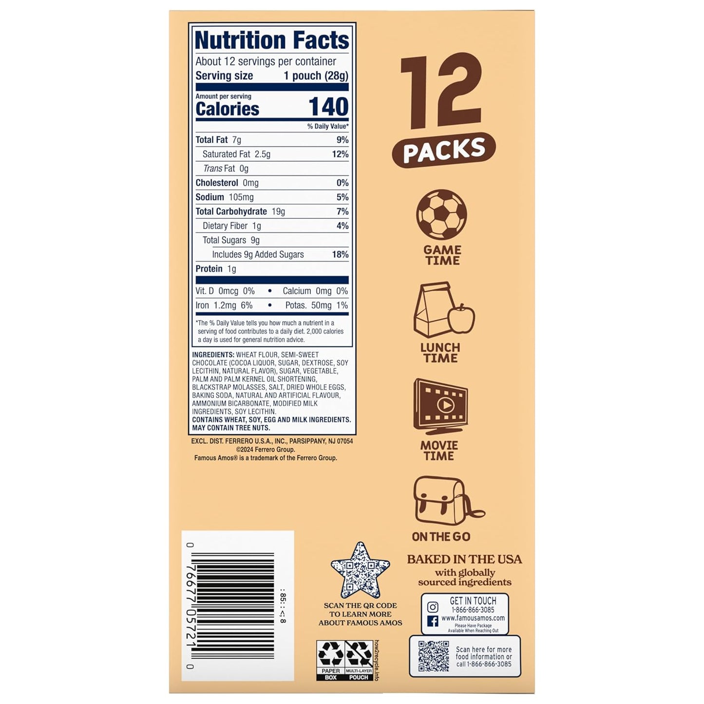 Famous Amos Classic Chocolate Chip Cookies, 1 Ounce Bag (Pack of 12)