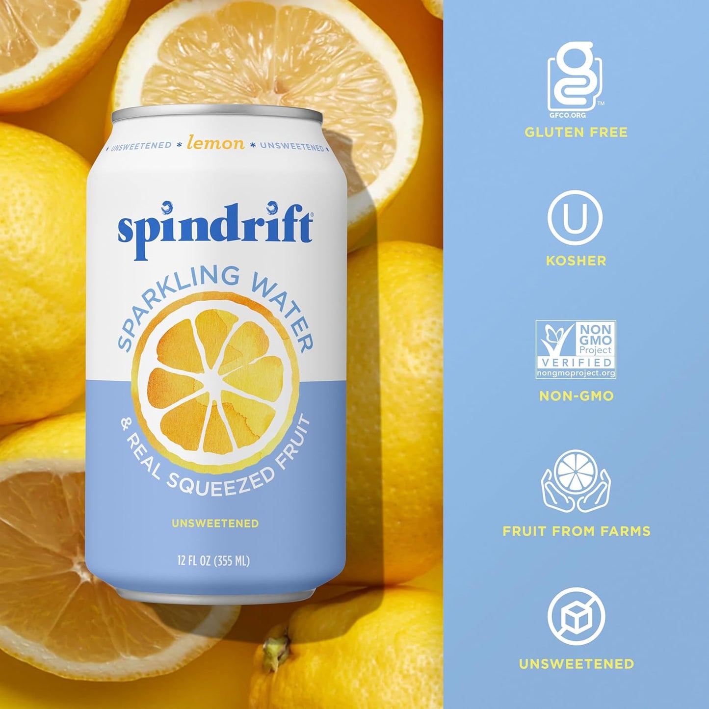 Spindrift Sparkling Water, Lemon Flavored, Made with Real Squeezed Fruit, 12 Fl Oz Cans, Pack of 24 (Only 3 Calories per Can)